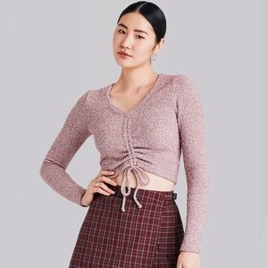 NWOT Long Sleeve Fuzzy V-Neck Ruched Tie Front Cropped Sweater | Wild Fable